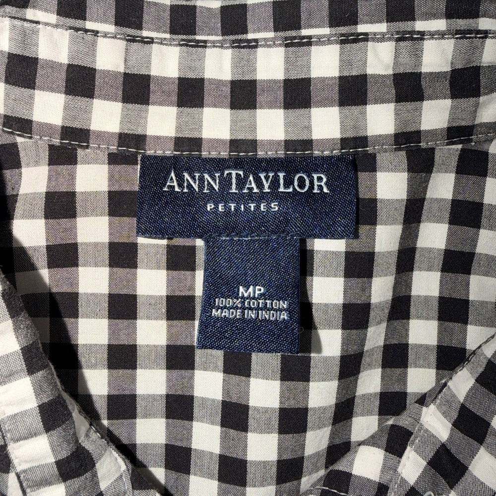 Ann Taylor Petites Black White Gingham Button Down Shirt Long Sleeve MP Cotton - Picture 3 of 6